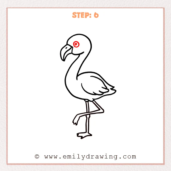 how to draw a cartoon flamingo - Step 6 adds a circular eye ring detail to the cartoon flamingo’s head, making the eye more noticeable.